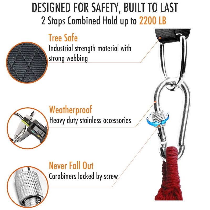 PANGAEA Tree Swing Hanging Straps Kit, Heavy Duty Holds 2200LBS 5FT Extra Long, with Safer Lock Snap Carabiners & Carry Pouch Bag - Image 3
